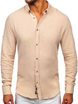 Béžová pánska mušelínová košeľa s dlhými rukávmi Bolf 22746