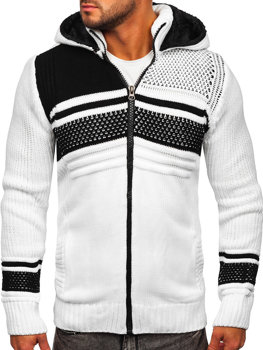 Biely hrubý pánsky sveter/bunda so zapínaním na zips s kapucňou Bolf 2051
