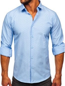 Blankytná modrá pánska košeľa s bodkovaným vzorom a dlhými rukávmi Bolf T597