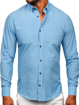 Blankytná modrá pánska košeľa s károvaným vzorom a dlhými rukávmi Bolf 22745