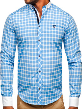 Blankytne modrá pánska elegantná košeľa s károvaným vzorom a dlhými rukávmi Bolf 5737-1