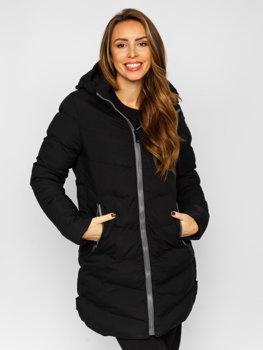 Čierna dámska dlhá prešívaná zimná bunda / kabát s kapucňou Bolf 7089