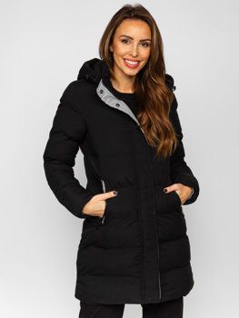 Čierna dámska dlhá prešívaná zimná bunda / kabát s kapucňou Bolf 7091