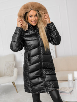 Čierna, dlhá dámska obojstranná prešívaná zimná bunda / kabát s kapucňou Bolf B8202B