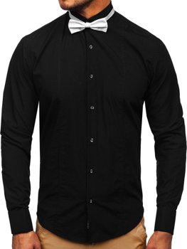 Čierna pánska elegantná košeľa s dlhými rukávmi BOLF 4702 +motýlik+manžetové knoflíčky