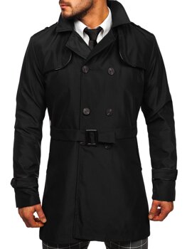 Čierny pánsky dvojradový kabát typu trenčkot s vysokým golierom a opaskom Bolf 0001