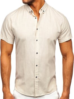 Ecru pánska bavlnená košeľa s krátkymi rukávmi Bolf 20501
