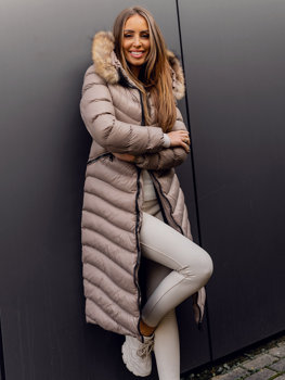 Hnedá dámska dlhá zimná bunda / kabát s prírodnou kožušinou a kapucňou Bolf M699