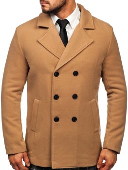 Kamelový pánsky zimný dvojradový kabát s vysokým golierom Bolf 8078