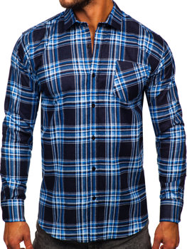 Modrá pánska flanelová košeľa s károvaným vzorom a dlhými rukávmi Bolf F2