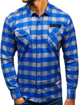 Modro-šedá pánska flanelová košeľa s dlhými rukávmi BOLF 2503
