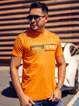 Oranžové pánske bavlnené tričko s potlačou Bolf 14710A