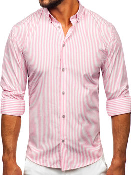 Ružová pánska košeľa s dlhými rukávmi, s pruhovaným vzorom Bolf 22731