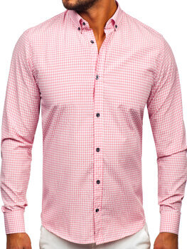 Ružová pánska košeľa s károvaným vzorom a dlhými rukávmi Bolf 22745