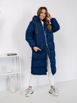 Tmavomodrá dámska dlhá prešívaná zimná bunda / kabát s kapucňou Bolf 5M3163