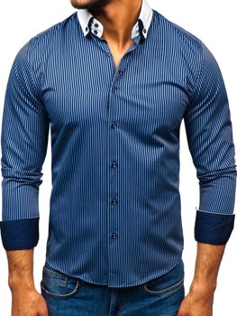 Tmavomodrá pánska elegantná prúžkovaná košeľa s dlhými rukávmi BOLF 0909-A