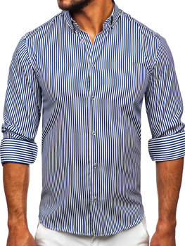 Tmavomodrá pánska košeľa s dlhými rukávmi, s pruhovaným vzorom Bolf 22731