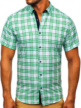 Zelená pánska kockovaná košeľa s krátkym rukávom Bolf 201501