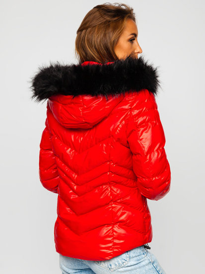 Červená dámska prešívaná zimná bunda s kapucňou Bolf 23068