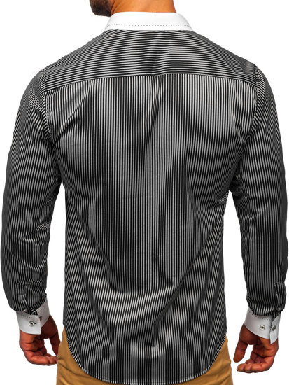 Čierna pánska elegantná košeľa s dlhými rukávmi, s pruhovaným vzorom Bolf 4785