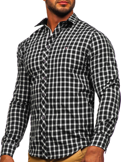 Čierna pánska elegantná košeľa s károvaným vzorom a dlhými rukávmi Bolf 4747-1