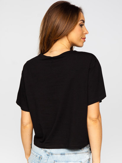 Čierne dámske tričko s ozdobnými flitrami a potlačou Bolf DT101