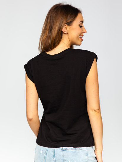 Čierne dámske tričko s ozdobnými flitrami a potlačou Bolf DT103