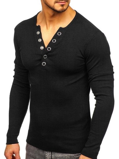 Čierne pánske tričko s dlhými rukávmi bez potlače Bolf 145362