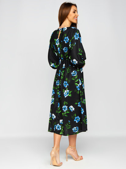 Čierno-modré dámske dlhé šaty s kvetinovým vzorom Bolf XY202116