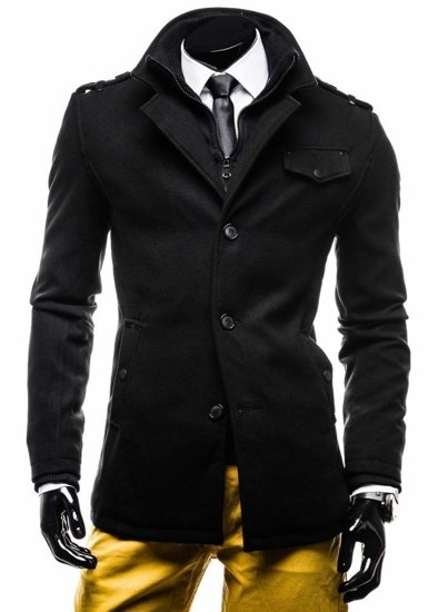 Čierny jednoradový pánsky kabát s vysokým golierom Bolf 8853E