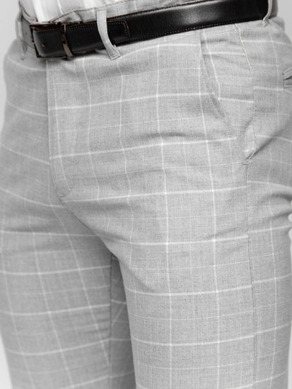 Sivé pánske látkové chino nohavice s károvaným vzorom Bolf 0033