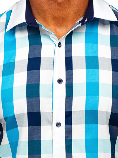 Tyrkysová pánska elegantná košeľa s károvaným vzorom a krátkymi rukávmi Bolf 8901