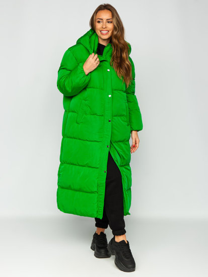 Zelená dámska dlhá prešívaná zimná bunda / kabát s kapucňou Bolf R6702