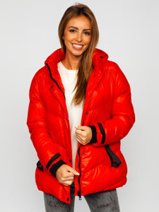 Červená dámska prešívaná zimná bunda s kapucňou Bolf 23065