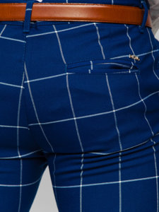 Modré pánske látkové chino nohavice s károvaným vzorom Bolf 0037