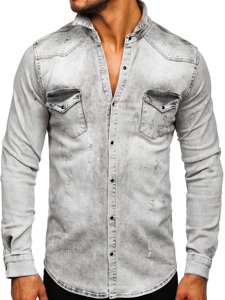 Sivá pánska riflová košeľa s dlhými rukávmi Bolf R805