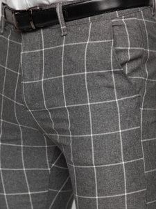 Sivé pánske látkové chino nohavice s károvaným vzorom Bolf 0038