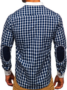 Tmavomodrá pánska elegantná košeľa s károvaným vzorom a dlhými rukávmi Bolf 5737-1