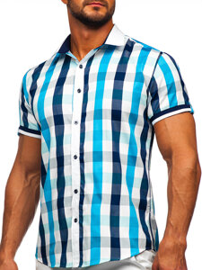 Tyrkysová pánska elegantná košeľa s károvaným vzorom a krátkymi rukávmi Bolf 8901